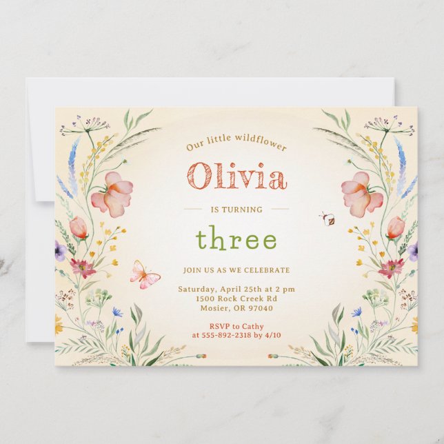 Invitation Fête d'anniversaire de la petite Fleur sauvage Flo (Devant)