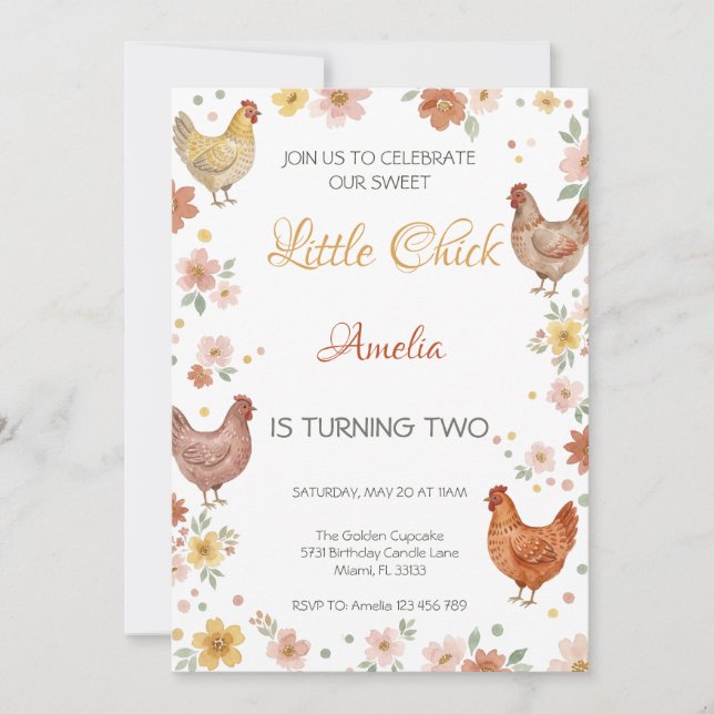 Invitation Fête d'anniversaire de la petite poulette florale  (Devant)