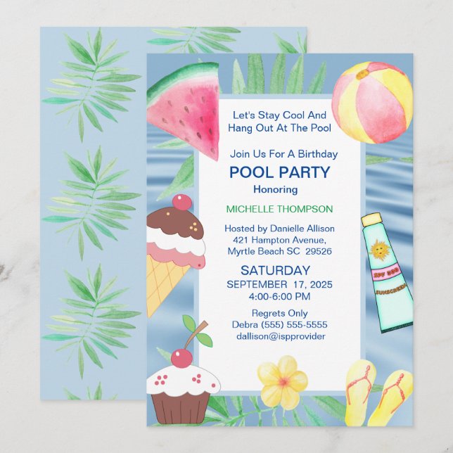 Invitation Fête d'anniversaire de la piscine (Devant / Derrière)