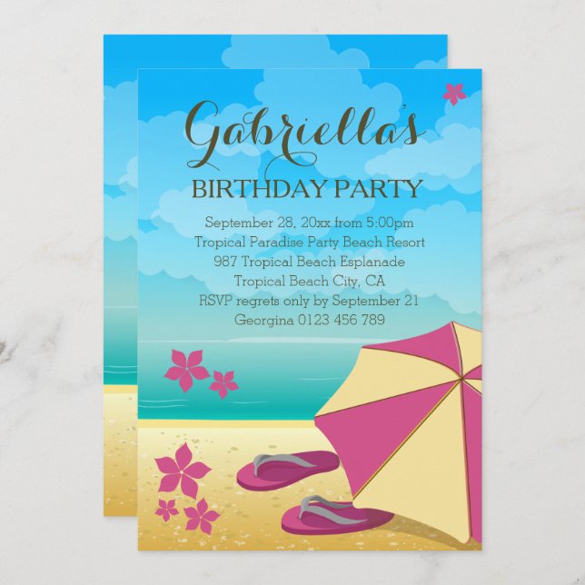 Invitation Fête d'anniversaire de la plage rose moderne (Devant / Derrière)