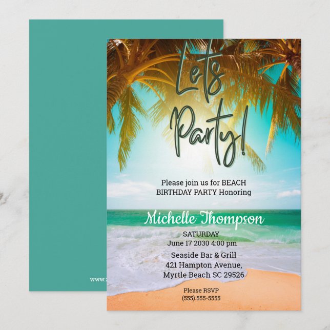 Invitation Fête d'anniversaire de la Plage Tropical (Devant / Derrière)