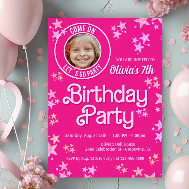 Invitation Fête d'anniversaire de la poupée rose Photo (Cute pink doll photo any number birthday party invitation. Simply add your photo and details.)