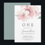 Invitation Fête d'anniversaire de la première floraison de ce<br><div class="desc">Cette invitation de premier anniversaire de fleur de cerisiers de printemps est parfaite pour une fête d'anniversaire moderne. Le design oriental floral présente une branche de cerisier couleur rose vif blanc et des feuilles verts au style japonais élégant.</div>