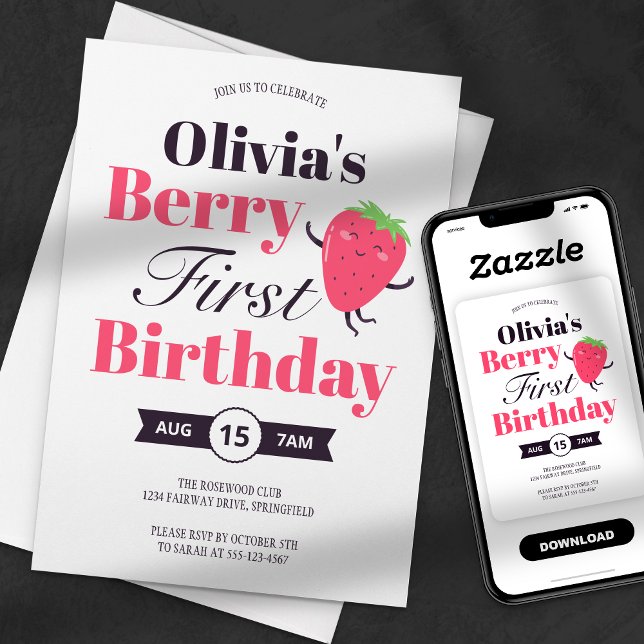 Invitation Fête d'anniversaire de la première fraise douce Be (Créateur téléchargé)