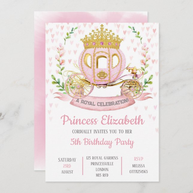 Invitation Fête d'anniversaire de la princesse (Devant / Derrière)