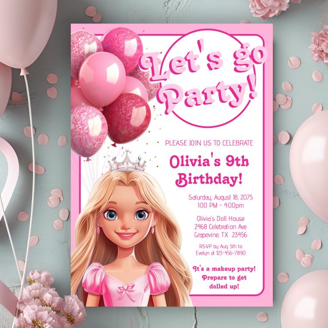 Invitation Fête d'anniversaire de la princesse de la poupée d (Cute pink princess doll any number birthday party invitation. )