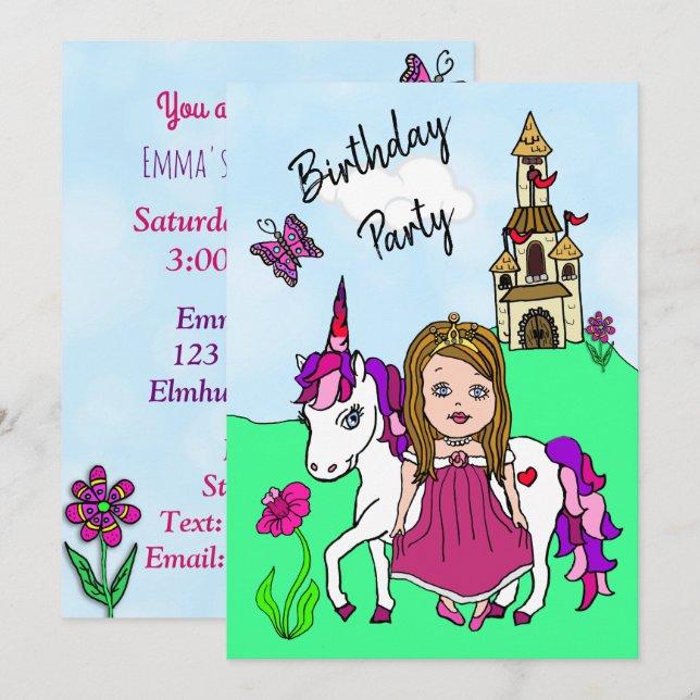 Invitation Fête d'anniversaire de la princesse et de la fille (Devant / Derrière)