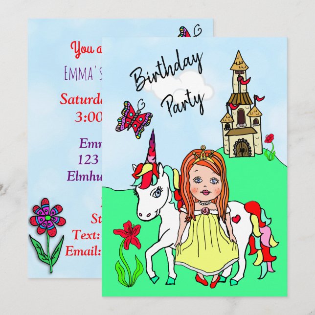 Invitation Fête d'anniversaire de la princesse et de la fille (Devant / Derrière)