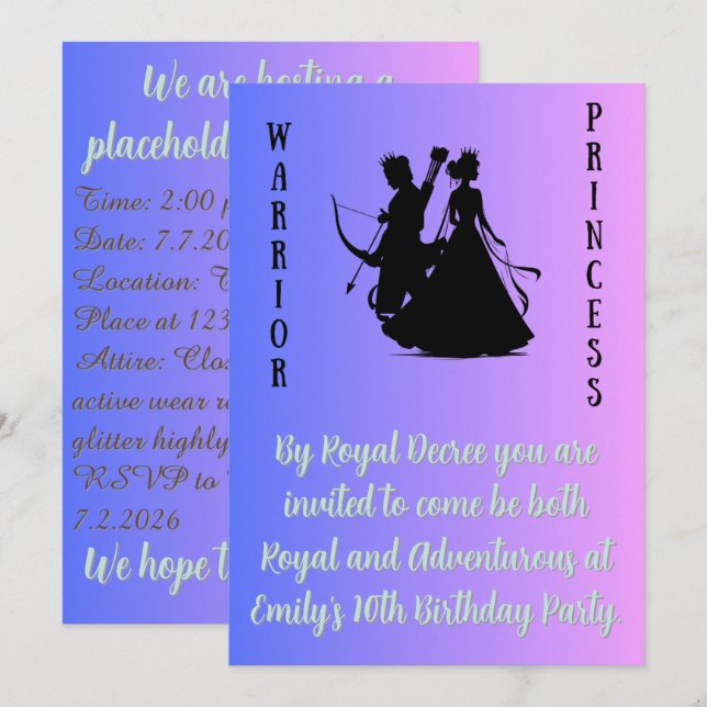 Invitation Fête d'anniversaire de la princesse guerrière de b (Devant / Derrière)