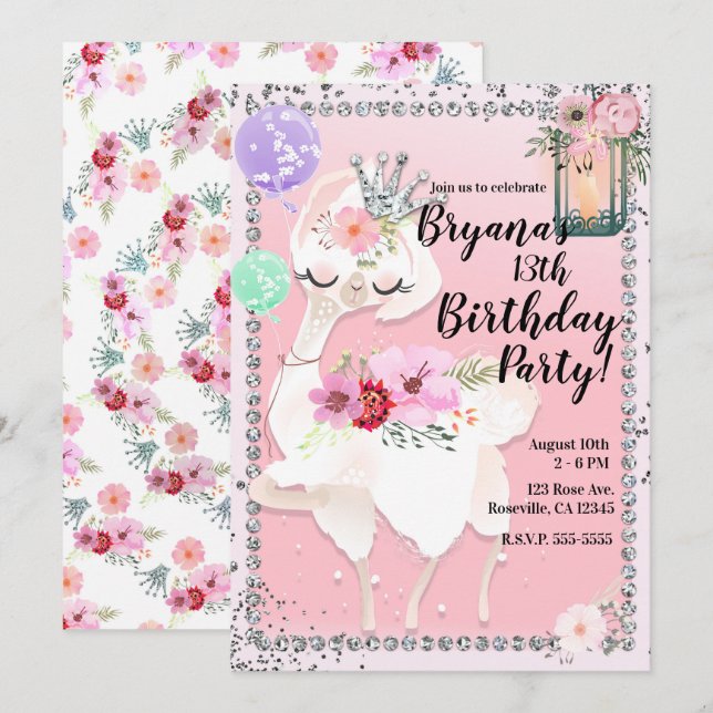 Invitation Fête d'anniversaire de la princesse lama Glam Diva (Devant / Derrière)
