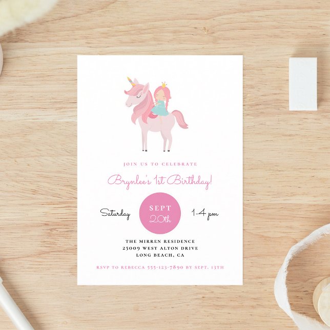 Invitation Fête d'anniversaire de la princesse licorne rose (Créateur téléchargé)