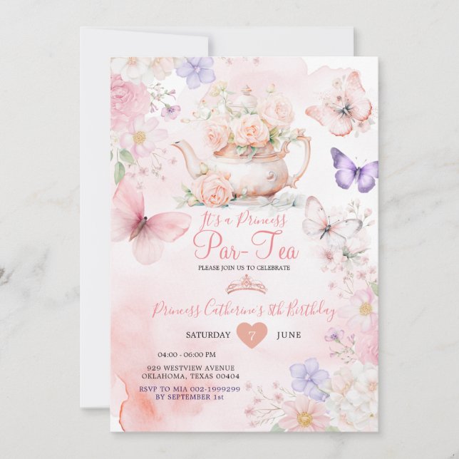 Invitation Fête d'anniversaire de la Princesse Papillon Rose  (Devant)