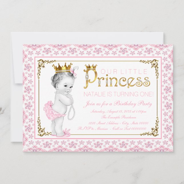 Invitation Fête d'anniversaire de la princesse perle d'or ros (Devant)