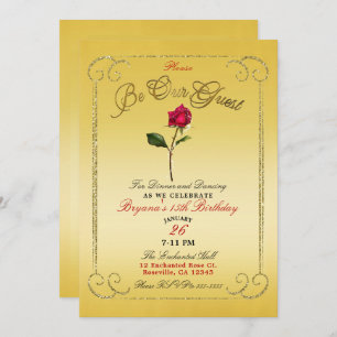 Invitation Fête d'anniversaire de la Rose rouge dorée jaune