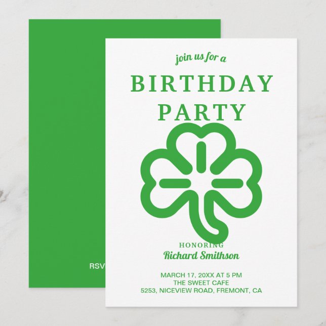 Invitation Fête d'anniversaire de la Saint-Patrick en vert tr (Devant / Derrière)