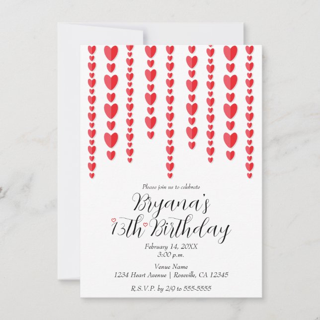 Invitation Fête d'anniversaire de la Saint-Valentin aux cœurs (Devant)