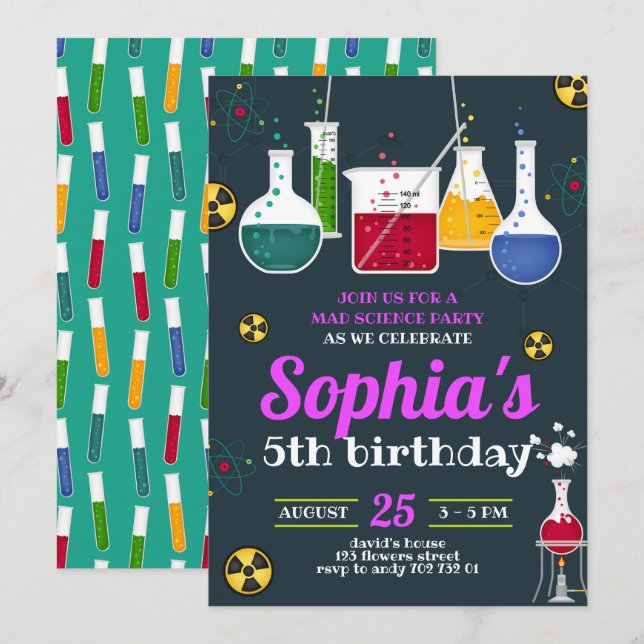 Invitation Fête d'anniversaire de la scientifique folle (Devant / Derrière)