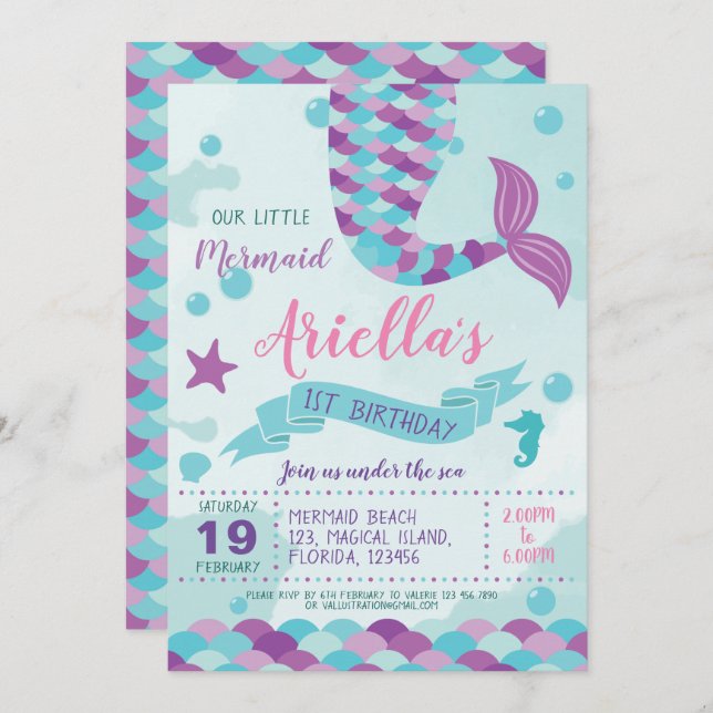 Invitation Fête d'anniversaire de la sirène (Devant / Derrière)