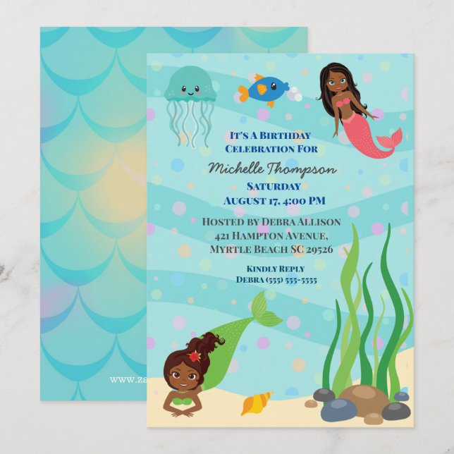 Invitation Fête d'anniversaire de la sirène afro-américaine (Devant / Derrière)