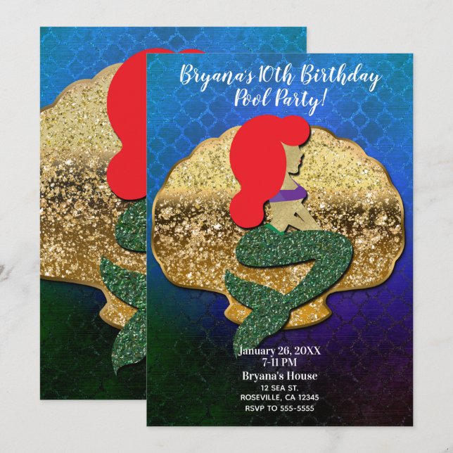 Invitation Fête d'anniversaire de la Sirène aux Cheveux Roux  (Devant / Derrière)