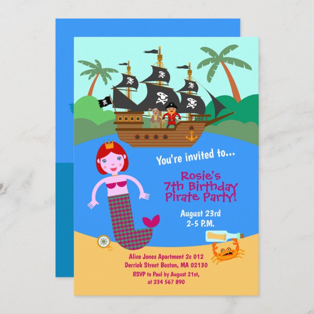 Invitation Fête d'anniversaire de la sirène et du bateau pira (Devant / Derrière)