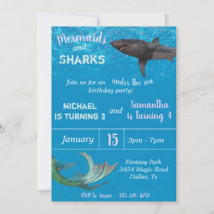 Invitation Fête d'anniversaire de la sirène et du requin sous