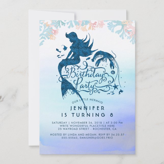 Invitation Fête d'anniversaire de la sirène sous la mer de l' (Devant)