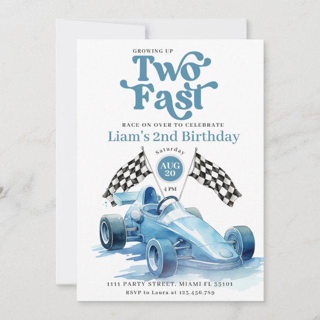 Invitation Fête d'anniversaire de la voiture de course bleue  (Devant)