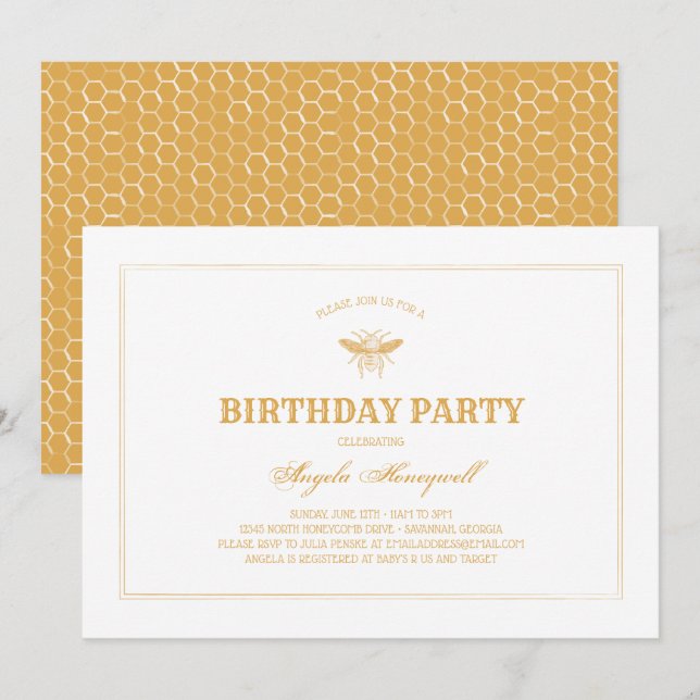 Invitation Fête d'anniversaire de l'abeille et du peigne de m (Devant / Derrière)