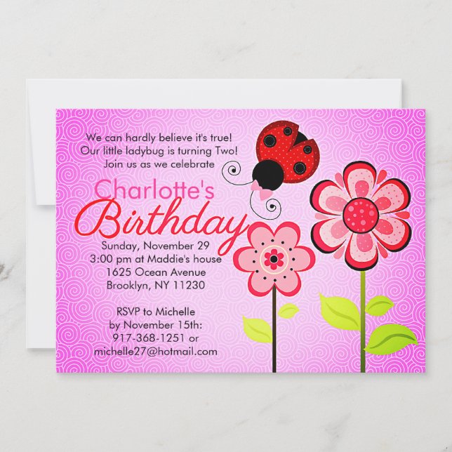 Invitation Fête d'anniversaire de Ladybug et des fleurs (Devant)