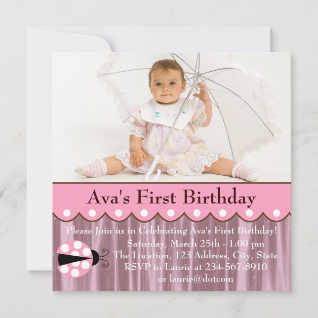 Invitation Fête d'anniversaire de Ladybug rose (Devant)