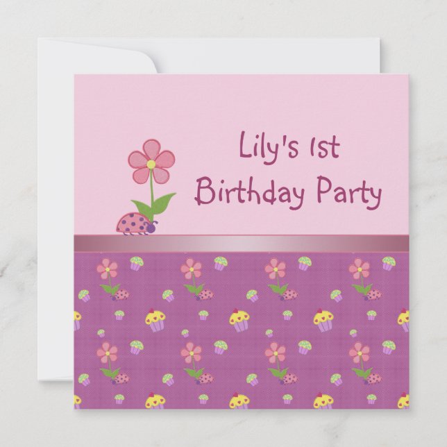 Invitation Fête d'anniversaire de Ladybug rose et Cupcake (Devant)