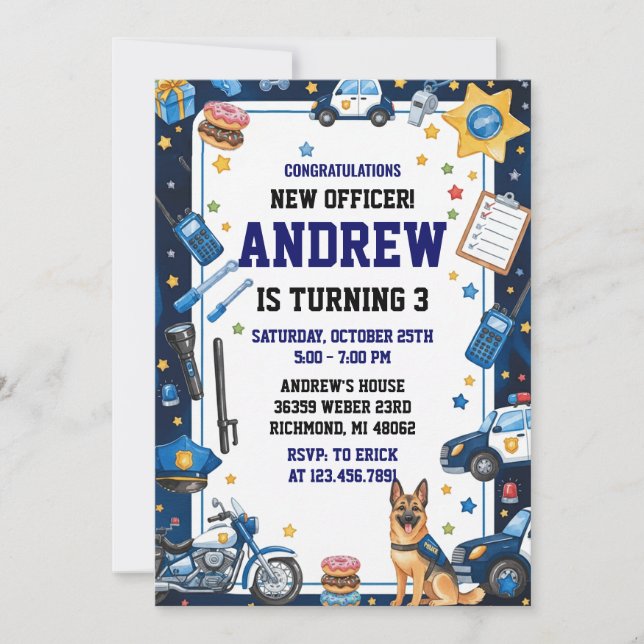 Invitation Fête d'anniversaire de l'agent de police numérique (Devant)