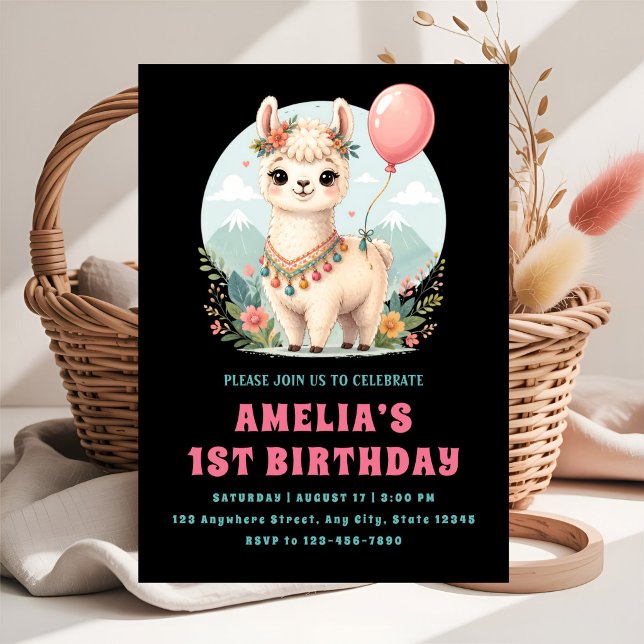 Invitation Fête d'anniversaire de l'alpaca floral (Créateur téléchargé)
