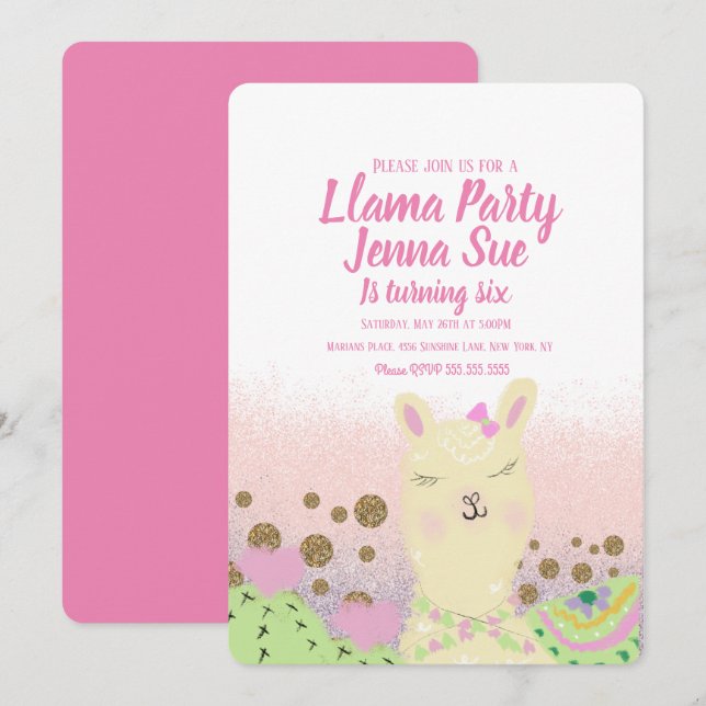 Invitation Fête d'anniversaire de lama pailletant Doodle Colo (Devant / Derrière)