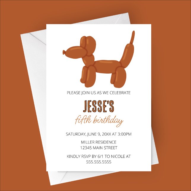 Invitation Fête d'anniversaire de l'animal de ballons de chie (Brown Dog Balloon Animal Birthday Party Invitation)