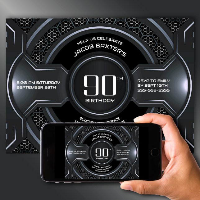 Invitation Fête d'anniversaire de l'argent noir moderne 90e (Créateur téléchargé)