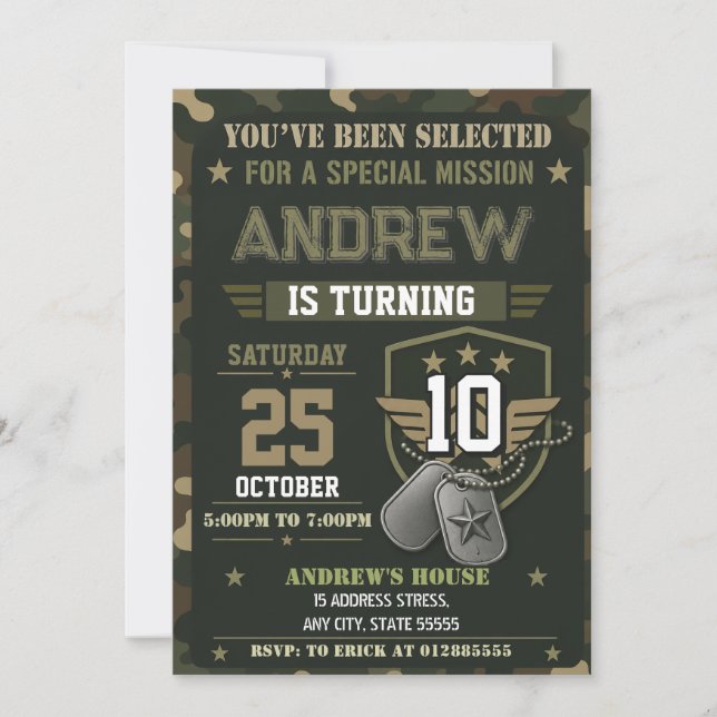 Invitation Fête d'anniversaire de l'armée camouflage personna (Devant)