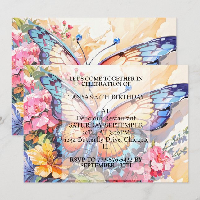 Invitation Fête d'anniversaire de l'art des papillons créatif (Devant / Derrière)