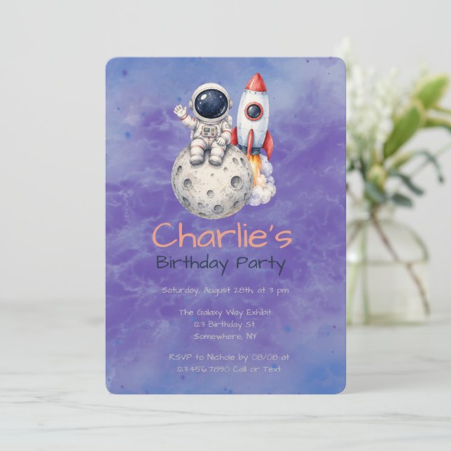 Invitation Fête d'anniversaire de l'astronaute à l'aquarelle  (Debout devant)