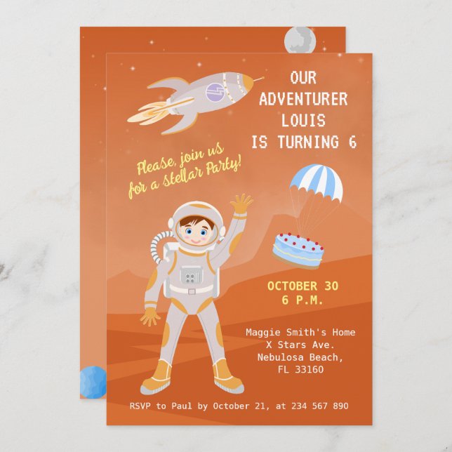 Invitation Fête d'anniversaire de l'astronaute de Mars (Devant / Derrière)