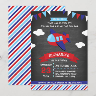 Invitation Fête d'anniversaire de l'avion Red and Blue Chalkb