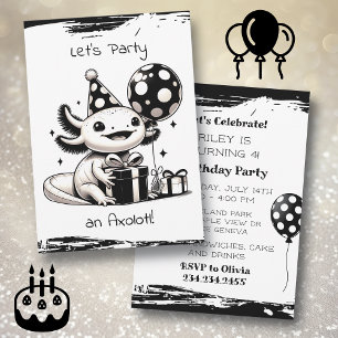 Invitation Fête d'anniversaire de l'Axolotl noir et blanc