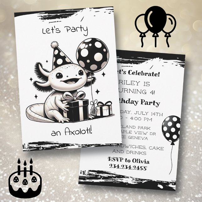 Invitation Fête d'anniversaire de l'Axolotl noir et blanc (Créateur téléchargé)