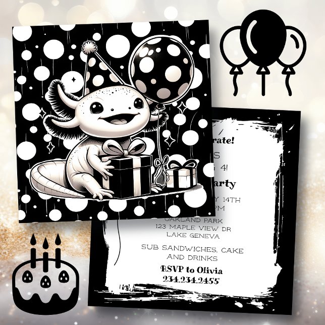 Invitation Fête d'anniversaire de l'Axolotl noir et blanc (Créateur téléchargé)