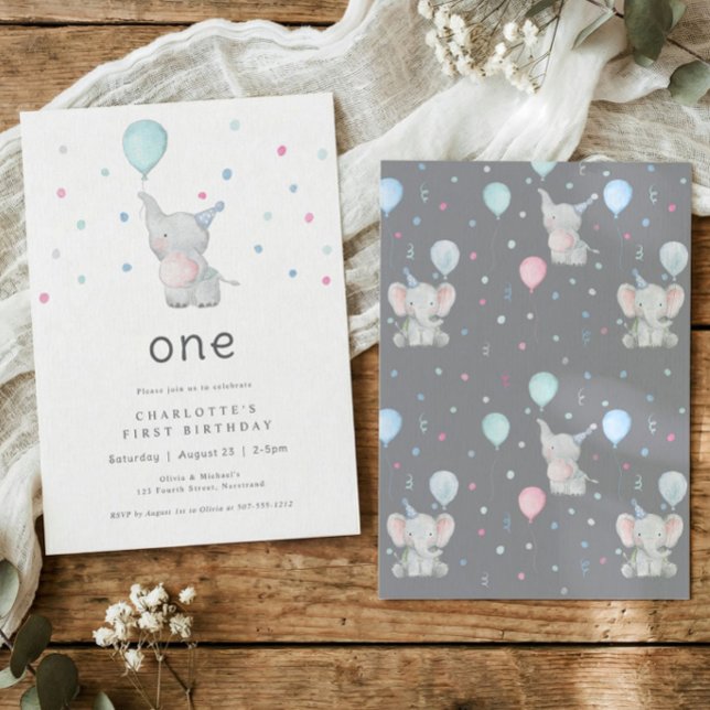 Invitation Fête d'anniversaire de l'éléphant mignon 1 an (Watercolor elephant 1st birthday invitation with balloon and pastel confetti on white background)