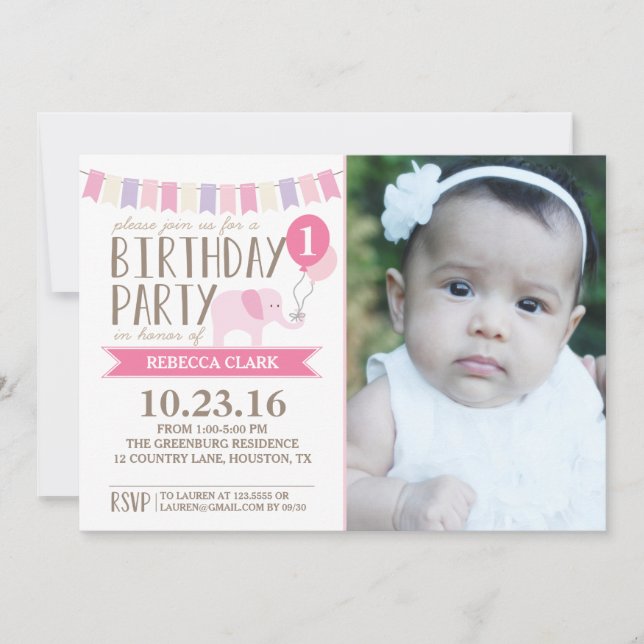 Invitation Fête d'anniversaire de l'éléphant selon l'âge | An (Devant)