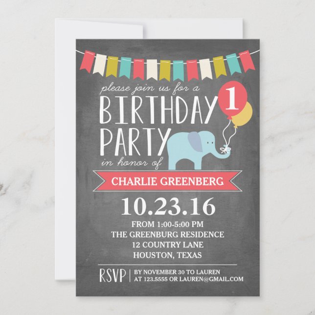 Invitation Fête d'anniversaire de l'éléphant selon l'âge | An (Devant)