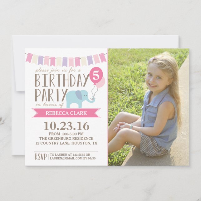 Invitation Fête d'anniversaire de l'éléphant selon l'âge | An (Devant)