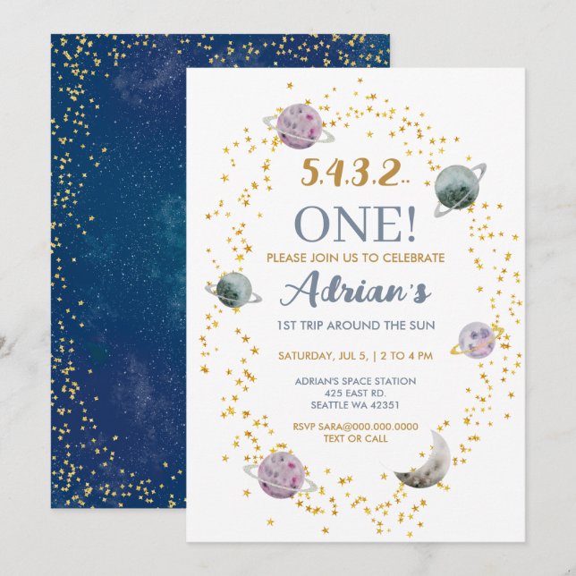 Invitation Fête d'anniversaire de l'espace 1er voyage autour  (Devant / Derrière)